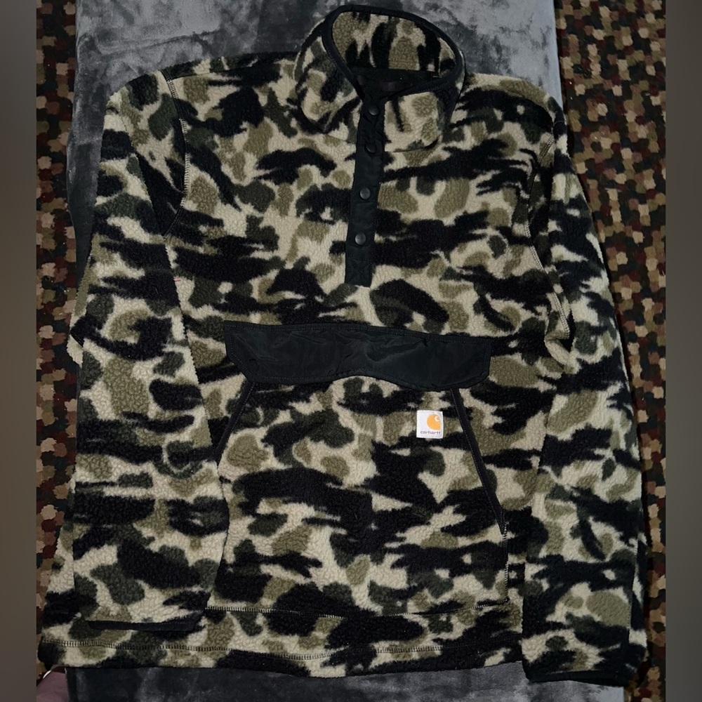 Carhartt Relaxed Fit Fleece Pullover in Black Blind Duck Camo Size XL - Picture 2 of 9